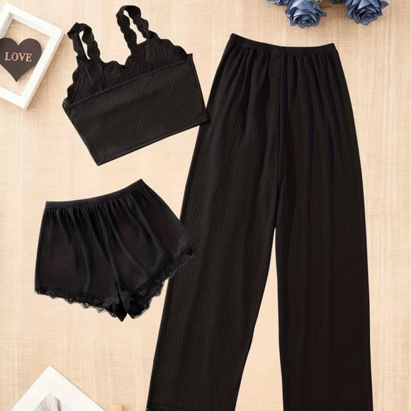 3 pc Super Cute/Cozy Black Semi Sheer W/ Lace Trim Sleepwear/lounge wear Set - Picture 2 of 7